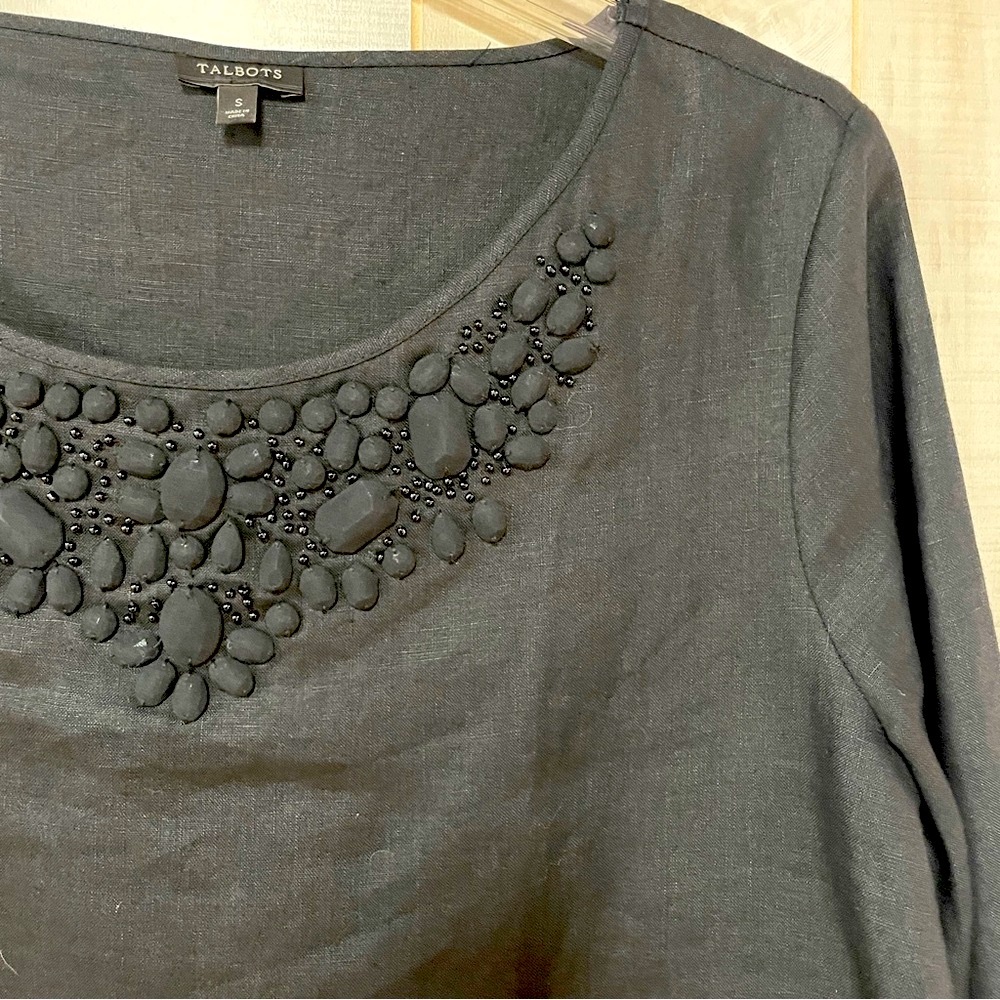 Talbots Black Linen Beaded Neckline Long Sleeve Tunic/Dress Sz S - Picture 5 of 5